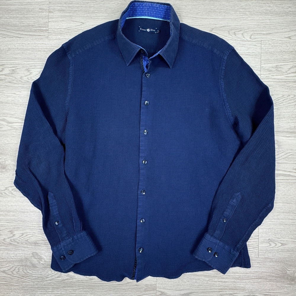 Stone Rose Men's Button Down Shirt Miami 8401 Navy XL Waffle Knit Cotton